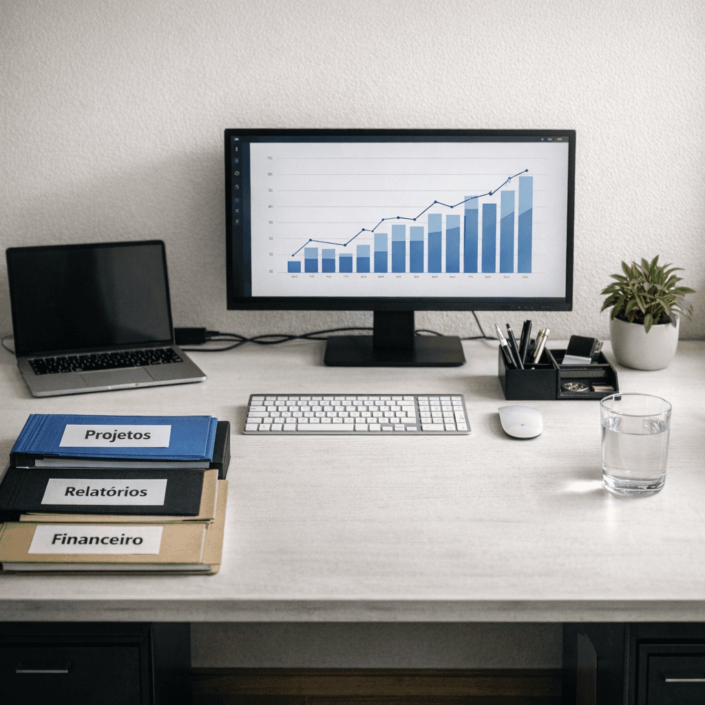 Mesa de trabalho com análise de dados, gráficos em alta performance, representando crescimento e organização empresarial
